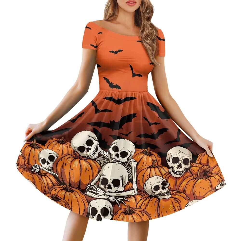 6225 Orange Skeleton Horror Halloween Dresses Halloween Costumes Funny